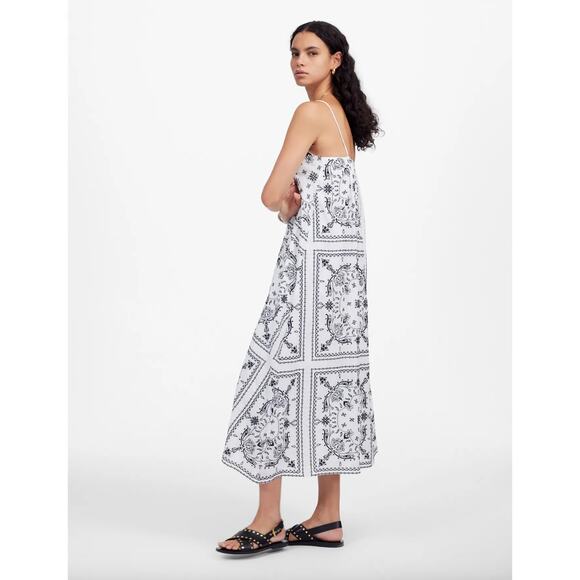 Madewell Embroidered Deep V Neck Midi Dress Bandana Boho White Navy Large NWT - Picture 3 of 16
